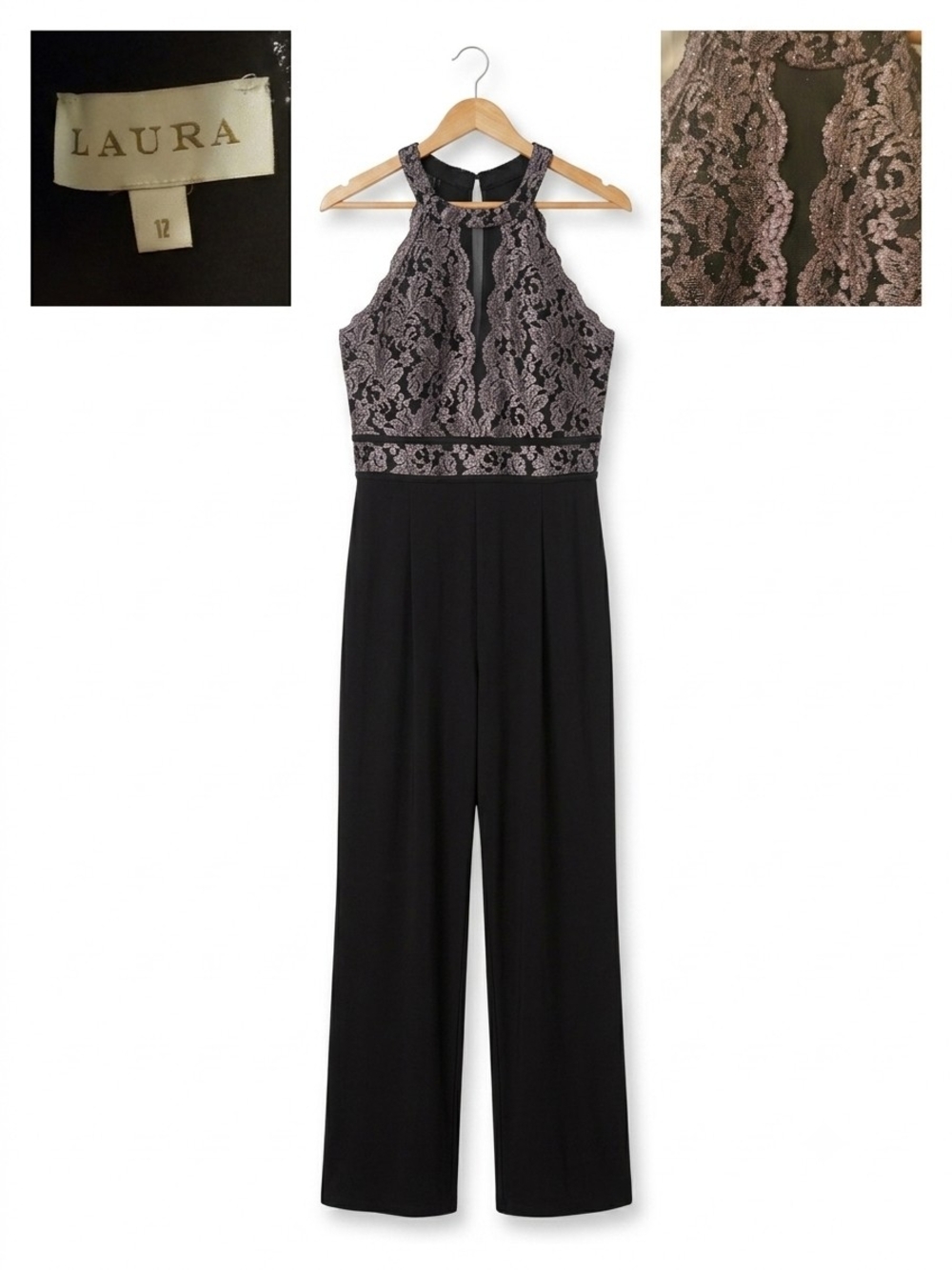 Laura Halter Jumpsuit in Black Bottom and Champagne Lace top